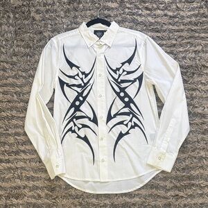 Unisex Long Clothing White and Black Graphic Button Down Shirt